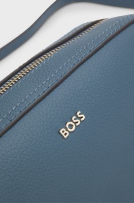 Crossbody bag in grained leather with logo lettering, Blue