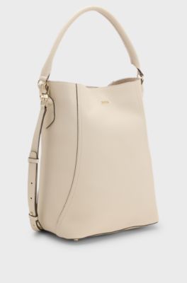 Borsa a secchiello in pelle martellata, Beige chiaro