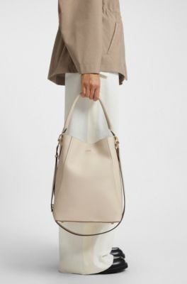 Borsa a secchiello in pelle martellata, Beige chiaro