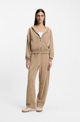 Oversized-fit zip-up hoodie with logo embroidery, Beige