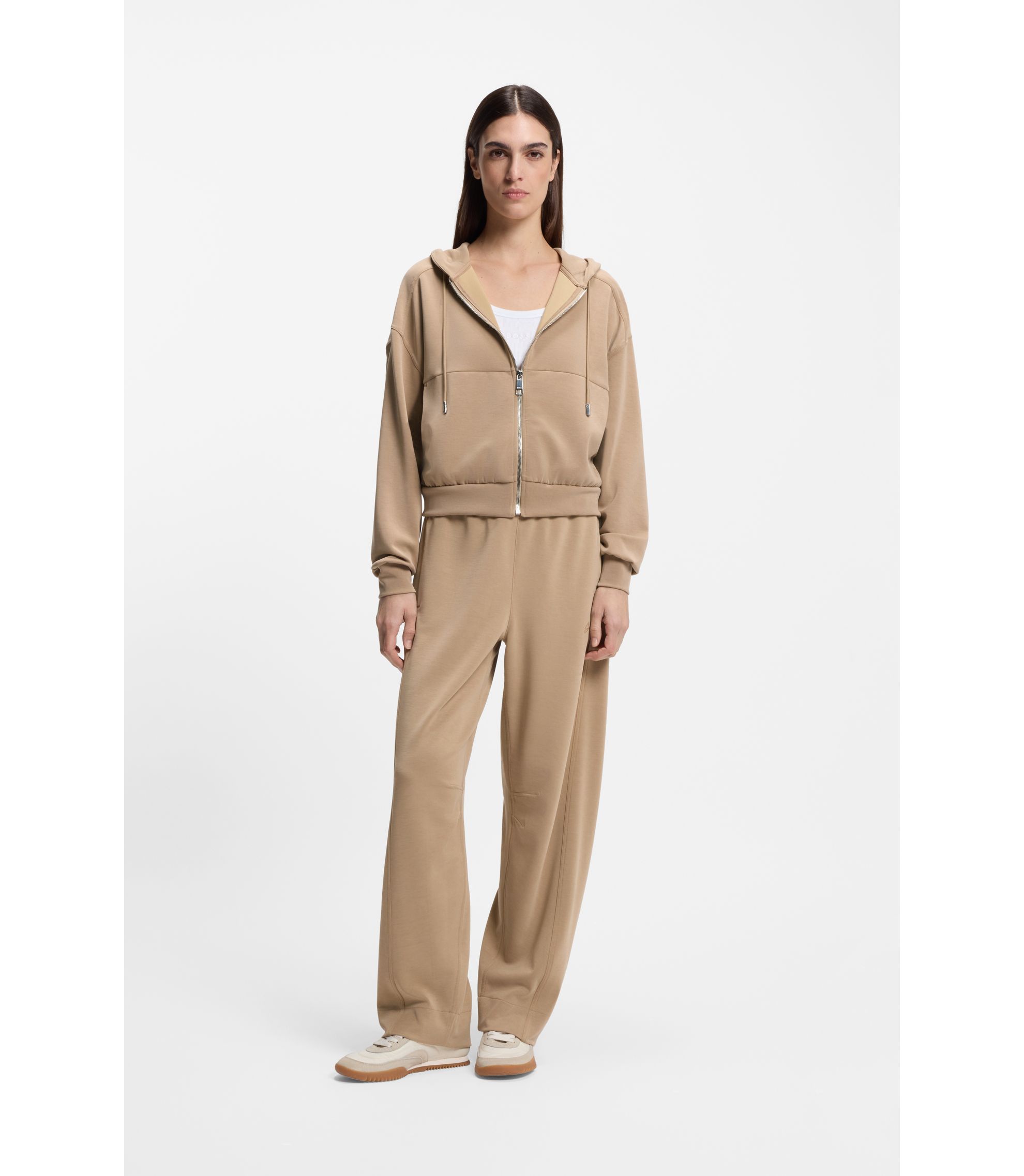 BOSS - Oversized-fit zip-up hoodie with logo embroidery - Beige