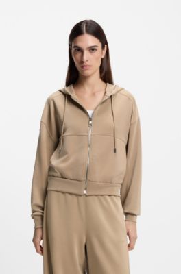 Oversized-fit zip-up hoodie with logo embroidery, Beige