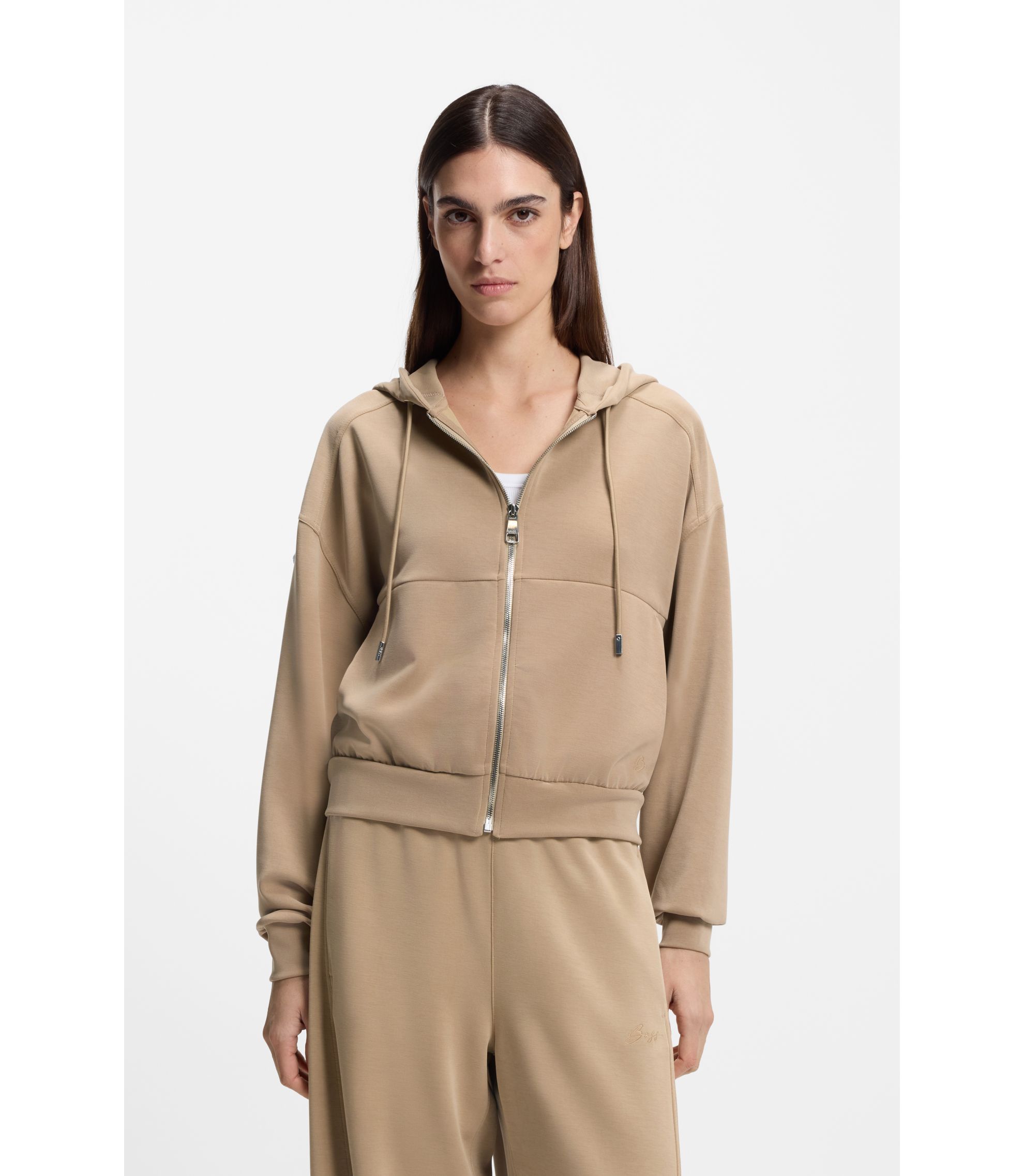BOSS - Oversized-fit zip-up hoodie with logo embroidery - Beige