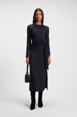Vestito in jersey elasticizzato con vita annodata, Blu scuro
