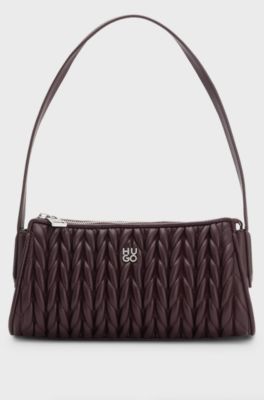 Textured hobo bag with stacked-logo trim, Dark Brown