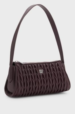 Textured hobo bag with stacked-logo trim, Dark Brown