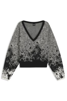 Cropped V-neck sweater in stretch fabric, Patterned