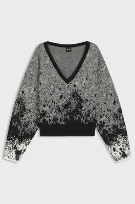 Cropped V-neck sweater in stretch fabric, Patterned