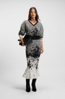 Cropped V-neck sweater in stretch fabric, Patterned