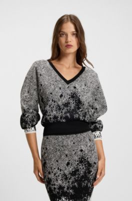 Cropped V-neck sweater in stretch fabric, Patterned