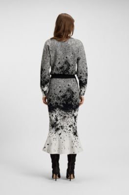 Cropped V-neck sweater in stretch fabric, Patterned