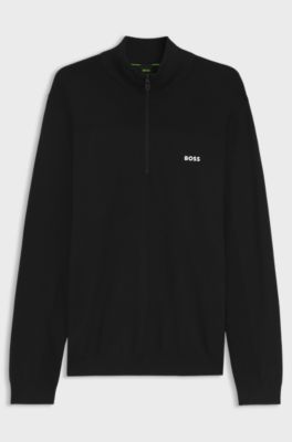 Zip-neck virgin wool-blend sweater with logo, Black