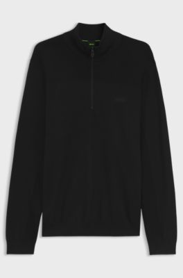 Zip-neck virgin wool-blend sweater with logo, Black