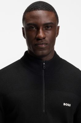 Zip-neck virgin wool-blend sweater with logo, Black