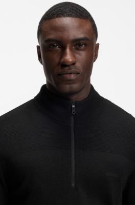 Zip-neck virgin wool-blend sweater with logo, Black