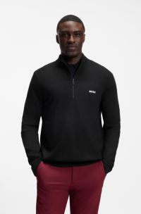 Pullover aus Schurwoll-Mix mit Troyerkragen und Logo, Schwarz