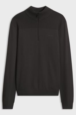 Zip-neck virgin wool-blend sweater with logo, Dark Brown