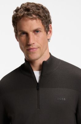 Zip-neck virgin wool-blend sweater with logo, Dark Brown