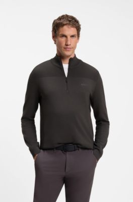 Zip-neck virgin wool-blend sweater with logo, Dark Brown