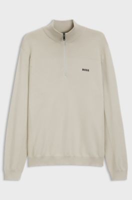 Maglione in misto lana vergine con colletto con zip e logo, Beige chiaro
