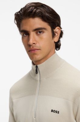 Zip-neck virgin wool-blend sweater with logo, Light Beige