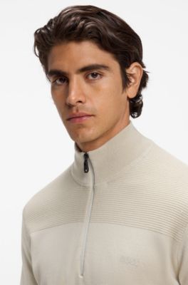 Zip-neck virgin wool-blend sweater with logo, Light Beige