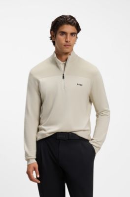 Zip-neck virgin wool-blend sweater with logo, Light Beige