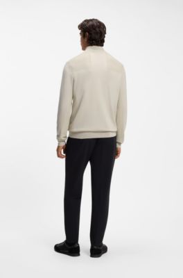 Zip-neck virgin wool-blend sweater with logo, Light Beige