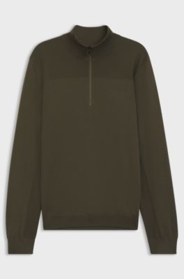 Zip-neck virgin wool-blend sweater with logo, Olive