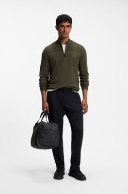 Zip-neck virgin wool-blend sweater with logo, Olive