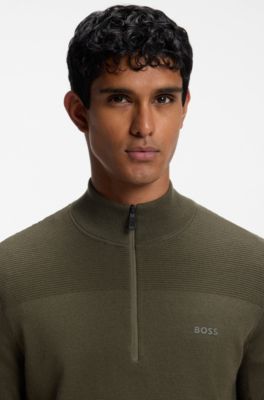 Zip-neck virgin wool-blend sweater with logo, Olive