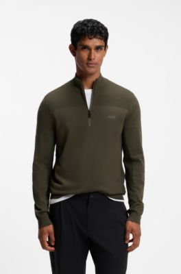 Zip-neck virgin wool-blend sweater with logo, Olive