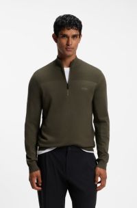 Zip-neck virgin wool-blend sweater with logo, Olive