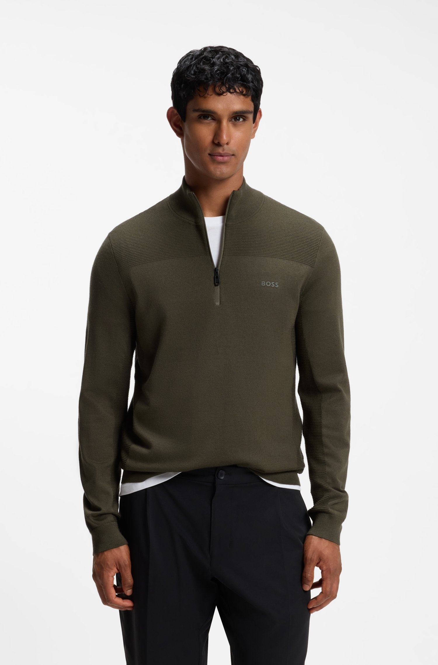 Boss Zip-neck virgin wool-blend sweater with logo stickade tröjor herr