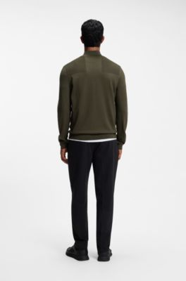 Zip-neck virgin wool-blend sweater with logo, Olive