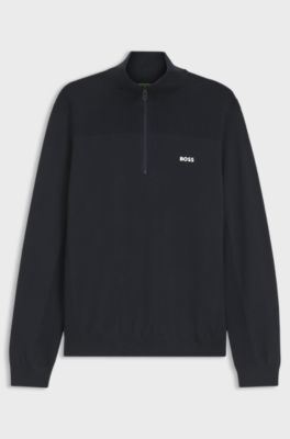 Zip-neck virgin wool-blend sweater with logo, Dark Blue