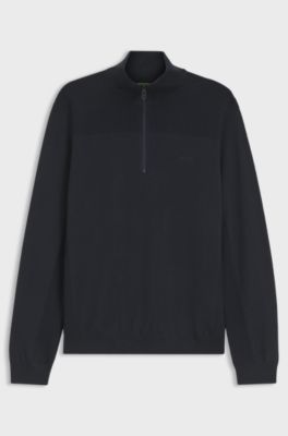 Zip-neck virgin wool-blend sweater with logo, Dark Blue