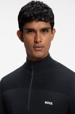 Zip-neck virgin wool-blend sweater with logo, Dark Blue
