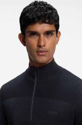 Zip-neck virgin wool-blend sweater with logo, Dark Blue