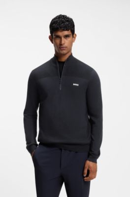 Zip-neck virgin wool-blend sweater with logo, Dark Blue