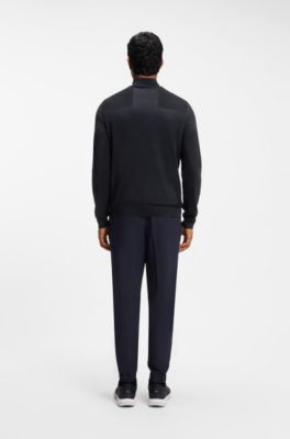 Zip-neck virgin wool-blend sweater with logo, Dark Blue