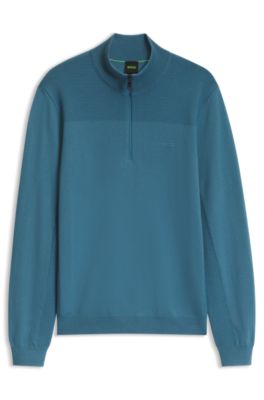 Zip-neck virgin wool-blend sweater with logo, Blue