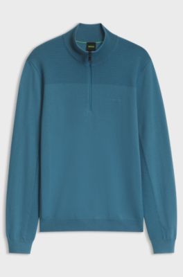 Zip-neck virgin wool-blend sweater with logo, Blue