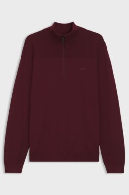 Zip-neck virgin wool-blend sweater with logo, Dark Red