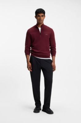 Zip-neck virgin wool-blend sweater with logo, Dark Red