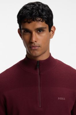 Zip-neck virgin wool-blend sweater with logo, Dark Red