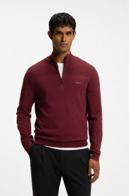 Zip-neck virgin wool-blend sweater with logo, Dark Red