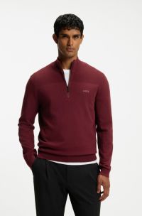 Zip-neck virgin wool-blend sweater with logo, Dark Red