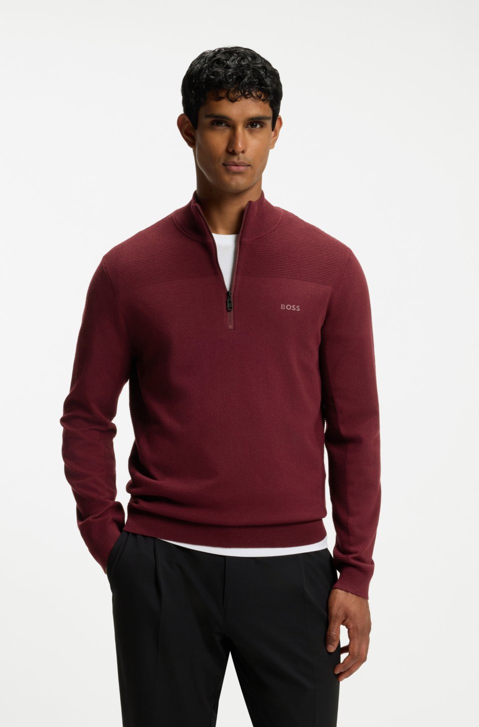 Zip-neck virgin wool-blend sweater with logo