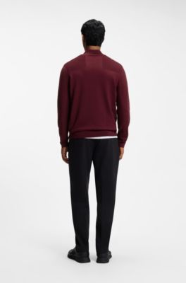 Zip-neck virgin wool-blend sweater with logo, Dark Red